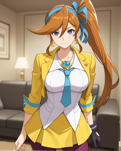 standing, 
front view, from front, 
eye-level shot, cowboy shot, 

	(( Athena Cykes \ace attorney\, ))
dark blue eyes, orange hair, long side ponytail, blue hair ribon,
moon crescent golden earing,

short yellow jacket,
white shirt, collared shirt, 
blue n...