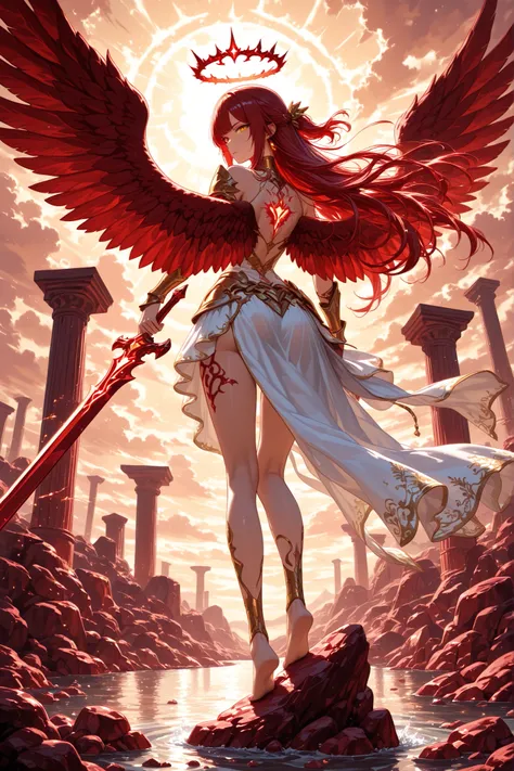 1 woman , golden eyes , very long hair , long sidelocks, red hair ,half updo, petite , very cute , beautiful ,Straight hair, cool, handsome, hair ween eyes, medium breast, cool, beautiful,  fierce beautiful red angel wings, long flowing red hair,  powerful...