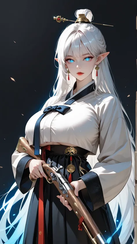  very aesthetic, 걸작, 고해상도, 8k 해상도, high contrast, (semi-realistic), newest, koreanai, best_quality, finely_detailed_eyes_and_detailed_face, (1 girl), solo,(glowing_blue_eyes), long_hair, topknot, (black_hanbok, black_clothes, hanbok), wide_sleeves, tight_w...