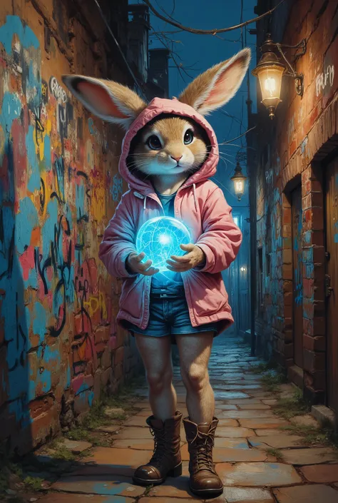 •	A cute female rabbit
	•	Wearing a pink hoodie and a denim skirt
	•	Wearing stylish boots
	•	Holding a glowing blue crystal sphere
	•	Slightly tilting her head, calm and mysterious
	•	Standing in front of a graffiti-covered wall
	•	Urban night alley with ...