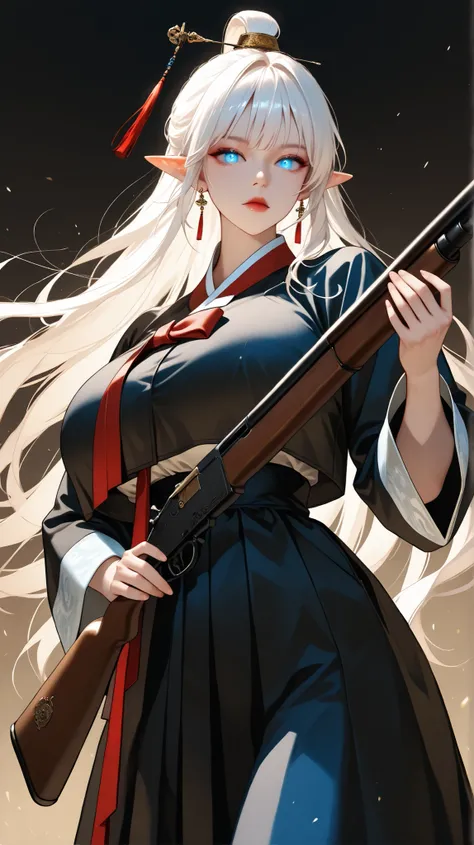  very aesthetic, 걸작, 고해상도, 8k 해상도, high contrast, (semi-realistic), newest, koreanai, best_quality, finely_detailed_eyes_and_detailed_face, (1 girl), solo,(glowing_blue_eyes), long_hair, topknot, (black_hanbok, black_clothes, hanbok), wide_sleeves, tight_w...