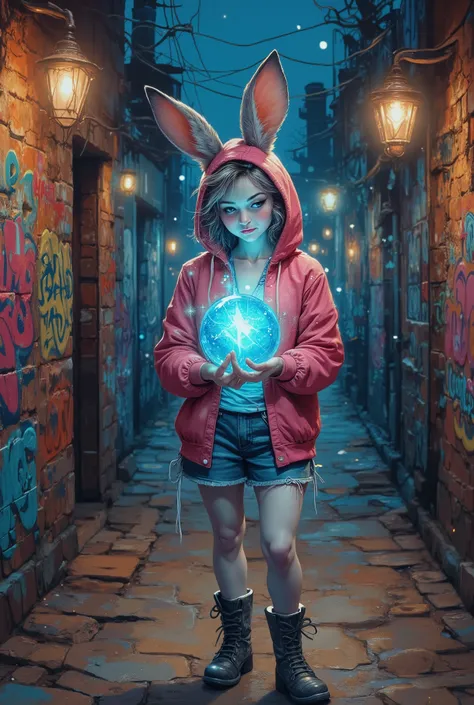•	A cute female rabbit
	•	Wearing a pink hoodie and a denim midday skirt
	•	Wearing stylish boots
	•	Holding a glowing blue crystal sphere
	•	Slightly tilting her head, calm and mysterious
	•	Standing in front of a graffiti-covered wall
	•	Urban night alle...