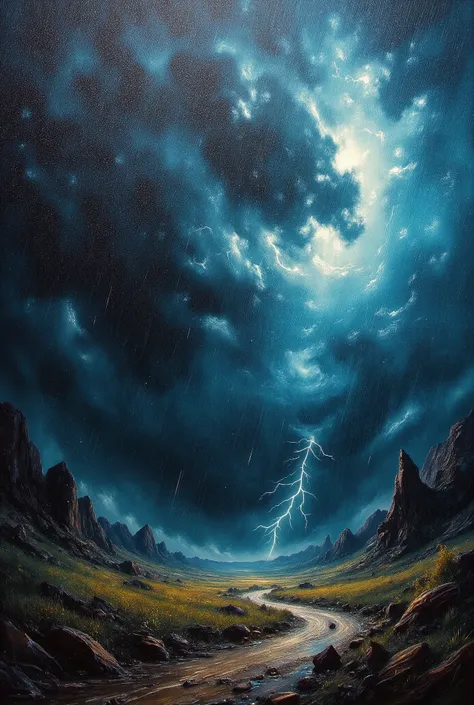 An expressive stormy landscape painted in thick brush strokes, heavy rain streaks and swirling clouds, lightning crackling in the distance, inspired by Van Gogh style, oil painting effect”