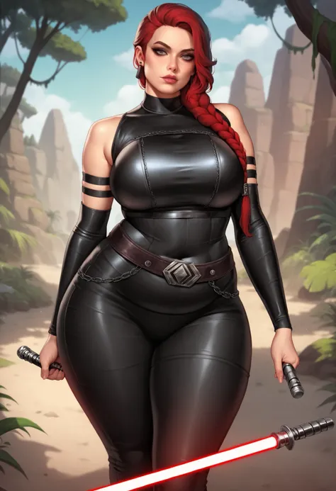 Star Wars based environment, sith,  tight black leather suit. holds her red light saber, her intense piercing eyes convey a mix of determination and alertness. Background: Outdoors, jungle planet landscape, red hair, Mara Jade, curvy, pudgy, overweight, bl...