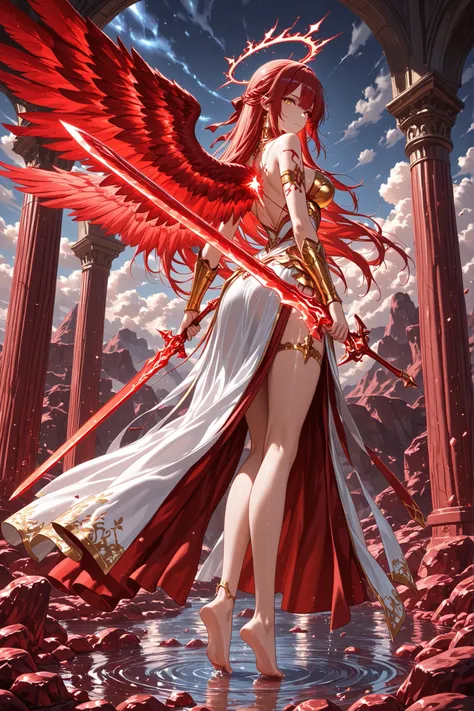 1 woman , golden eyes , very long hair , long sidelocks, red hair ,half updo, petite , very cute , beautiful ,Straight hair, cool, handsome, hair ween eyes, medium breast, cool, beautiful,  fierce beautiful red angel wings, long flowing red hair,  powerful...
