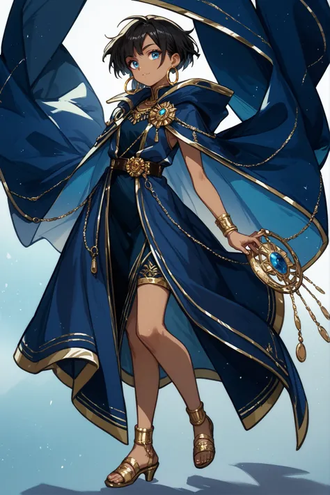 full body,Short black hair, brown skin, blue eyes,  Navy blue sleeveless robe with gold trim, Very large hoop earrings in gold,  Navy blue cloak,