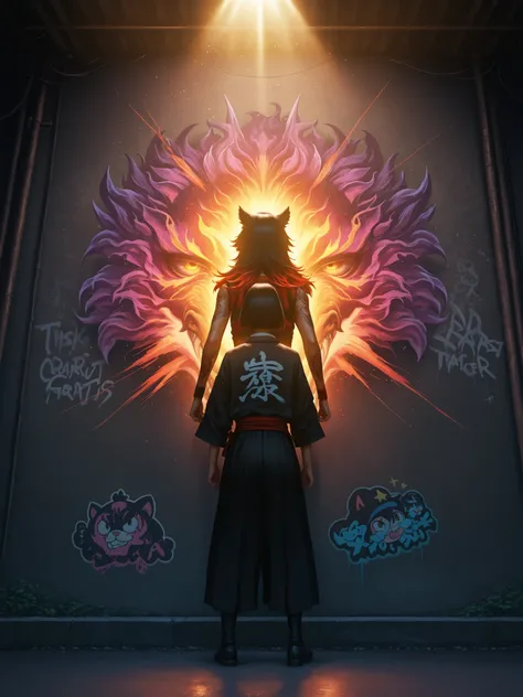 Anime girl graffiti on the wall, a samurai stands in front of a wall looking at the graffiti, high definition, detailed realistic scene, bright colors, dynamic composition, powerful theater lighting, perfect photorealistic visualization, fantasy heroic atm...