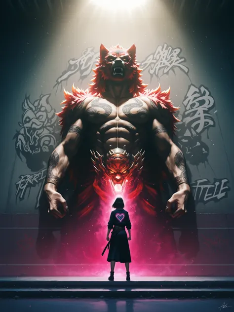 Anime girl graffiti on the wall, a samurai stands in front of a wall looking at the graffiti, high definition, detailed realistic scene, bright colors, dynamic composition, powerful theater lighting, perfect photorealistic visualization, fantasy heroic atm...