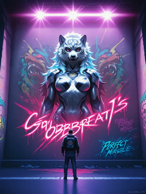 Graffiti miracle woman on the wall, Shazam is standing in front of a wall looking at the graffiti, high definition, detailed realistic scene, bright colors, dynamic composition, powerful theater lighting, perfect photorealistic visualization, fantasy heroi...