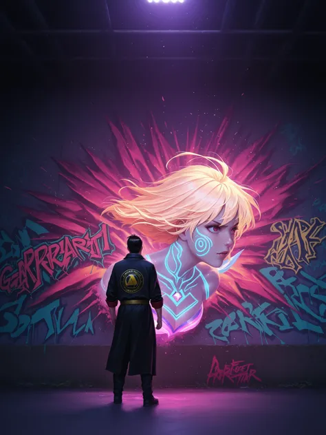 Graffiti miracle woman on the wall, Shazam is standing in front of a wall looking at the graffiti, high definition, detailed realistic scene, bright colors, dynamic composition, powerful theater lighting, perfect photorealistic visualization, fantasy heroi...
