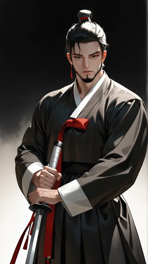  very aesthetic, 걸작, 고해상도, 8k 해상도, high contrast, (semi-realistic), newest, koreanai, best_quality, finely_detailed_eyes_and_detailed_face, (1 man), solo, (masculine:1.3), (black_eyes), (beard:1.2), short_cut, topknot,(slicked_back:1.5), (black_hanbok, bla...