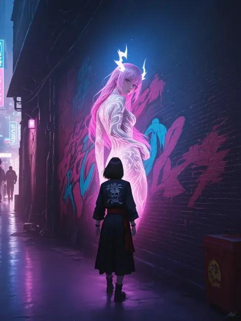 Anime girl graffiti on a wall in an alley, a samurai stands in front of a wall looking at the graffiti, high definition, detailed realistic scene, bright colors, dynamic composition, powerful theater lighting, perfect photorealistic visualization, fantasy ...