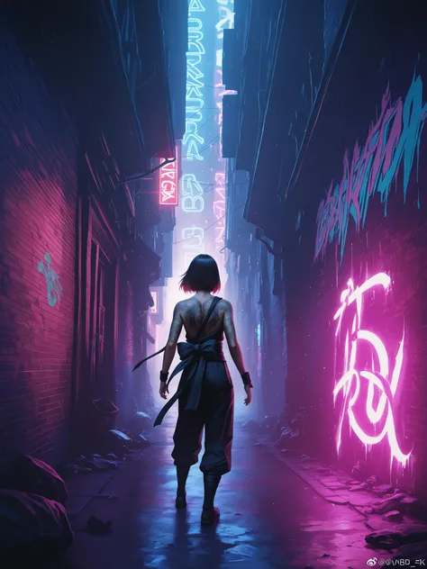 Anime girl graffiti on a wall in an alley, a samurai stands in front of a wall looking at the graffiti, high definition, detailed realistic scene, bright colors, dynamic composition, powerful theater lighting, perfect photorealistic visualization, fantasy ...