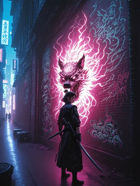 Anime girl graffiti on a wall in an alley, a samurai stands in front of a wall looking at the graffiti, high definition, detailed realistic scene, bright colors, dynamic composition, powerful theater lighting, perfect photorealistic visualization, fantasy ...