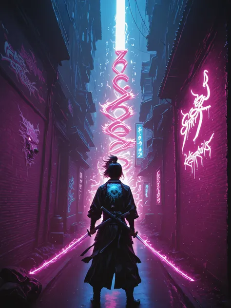 Anime girl graffiti on a wall in an alley, a samurai stands in front of a wall looking at the graffiti, high definition, detailed realistic scene, bright colors, dynamic composition, powerful theater lighting, perfect photorealistic visualization, fantasy ...