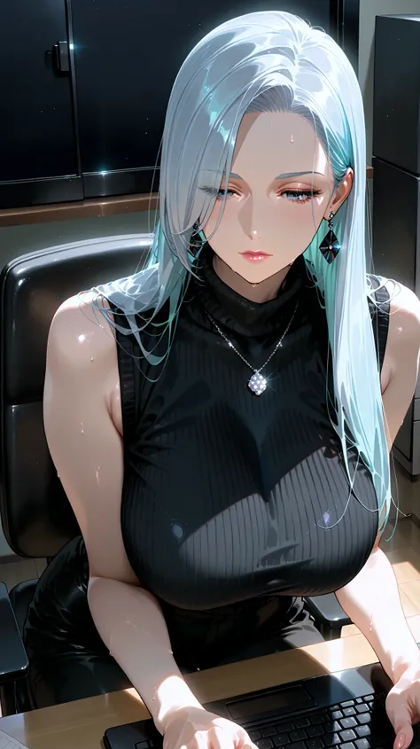 1girl, solo, beautiful, modern black office, bright (masterpiece:1.2), (best quality:1.2), perfect eyes, perfect face, perfect lighting, perfect body, large breasts , light blue hair, long straight hair cut, large breasts , hair covering one eye, black ear...