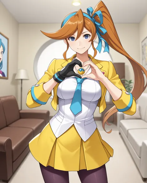 joined hands, heart shape, heart shaped hands, standing, 
front view, from front, 
eye-level shot, cowboy shot, 
(
	( Athena Cykes \ace attorney\, )
dark blue eyes, orange hair, long side ponytail, blue hair ribon,
moon crescent golden earing,

short yello...