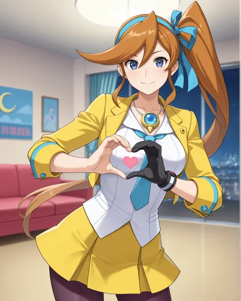 joined hands, heart shape, heart shaped hands, standing, 
front view, from front, 
eye-level shot, cowboy shot, 
(
	( Athena Cykes \ace attorney\, )
dark blue eyes, orange hair, long side ponytail, blue hair ribon,
moon crescent golden earing,

short yello...