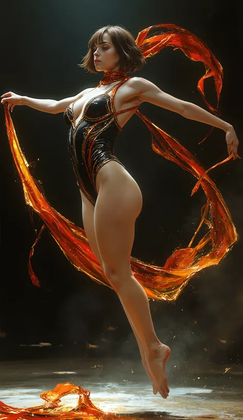 (masterpiece, 8k, best quality, ultra-detailed, photorealistic), A stunning artistic illustration of a surreal fantasy dancer. The subject is a gorgeous young woman with a chic, short brunette bob haircut and piercing amber eyes; her face is a portrait of ...