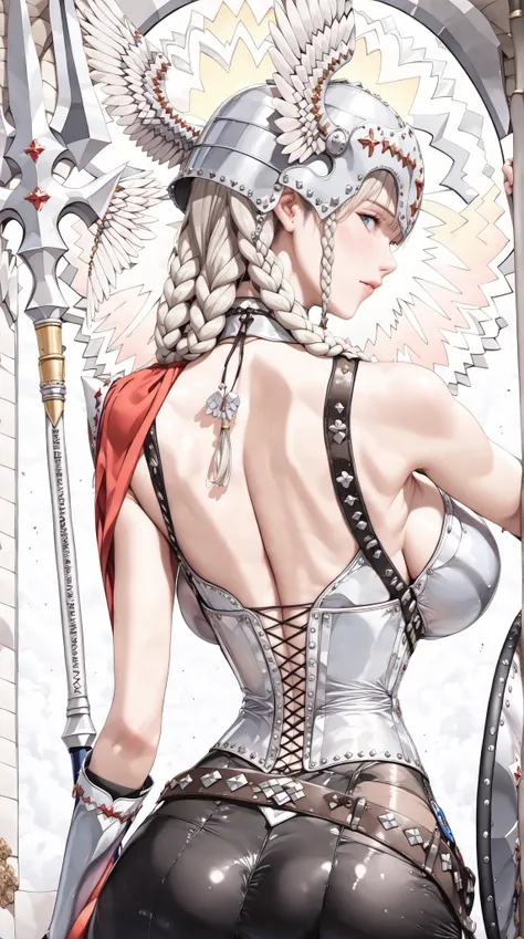 (best quality), (masterpiece), (2.5D style:1.5), (semi-realistic:1.5), (ultra detailed rendering:1.5),
(solo female warrior:1.5), (slim and toned body:1.4), (very large breasts:1.5), (soft yet full bust:1.4), (narrow waist and wide hips:1.3),
(back vie...