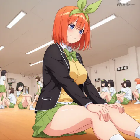 1girl,unwellness depressed y0tsuba, large breasts, orange hair, blue eyes, short hair, hair between eyes green bow hairband, black blazer, open blazer, yellow sweater vest, white collared shirt, bowtie, plaid bowtie, green skirt, pleated skirt,thick thighs...