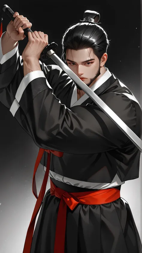  very aesthetic, 걸작, 고해상도, 8k 해상도, high contrast, (semi-realistic), newest, koreanai, best_quality, finely_detailed_eyes_and_detailed_face, (1 man), solo, (masculine:1.3), (black_eyes), (beard:1.2), short_cut, topknot,(slicked_back:1.5), (black_hanbok, bla...