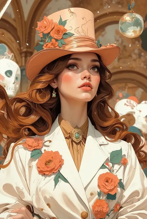 A high-resolution 9:16 close-up portrait in photoreal style, lit with soft directional fill and framed with shallow depth of field. The subject is posed within a baroque interior washed in rose-gold ambient light and pastel floral decor, with suspended orb...