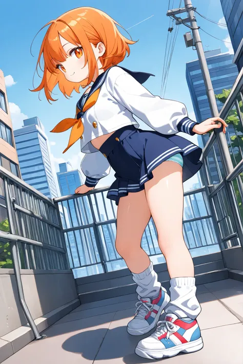 ((high_Quality)), ((super_detail)), anime style、high contrast、1 、high school girl、short hair、orange hair、Big Cute Eyes、orange eyes in flowers and nature、Smile、Medium Chest、shiny thighs、sailor suit、Micro Miniskirt、Loose Socks、 thick soled sneakers 、profile...