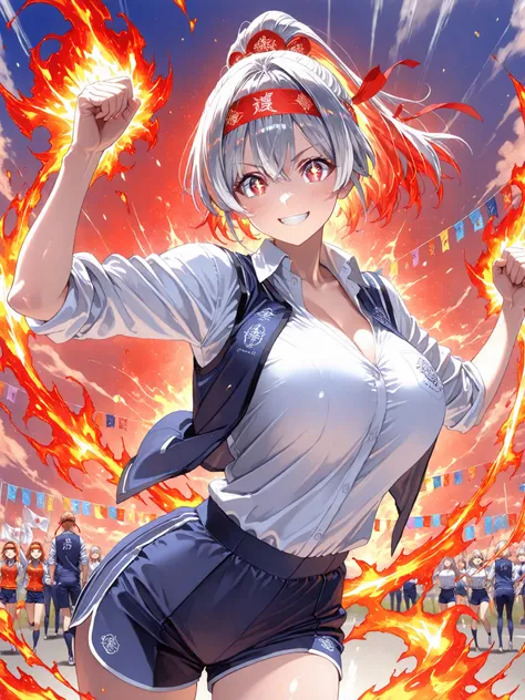masterpiece, score_9_up, best quality, flat anime,
dynamic action pose, portrait orientation of a spirited 20-year-old Japanese woman with a confident smile, high cheekbones with subtle definition.
BREAK
A long, voluminous ponytail of silky silver hair, de...
