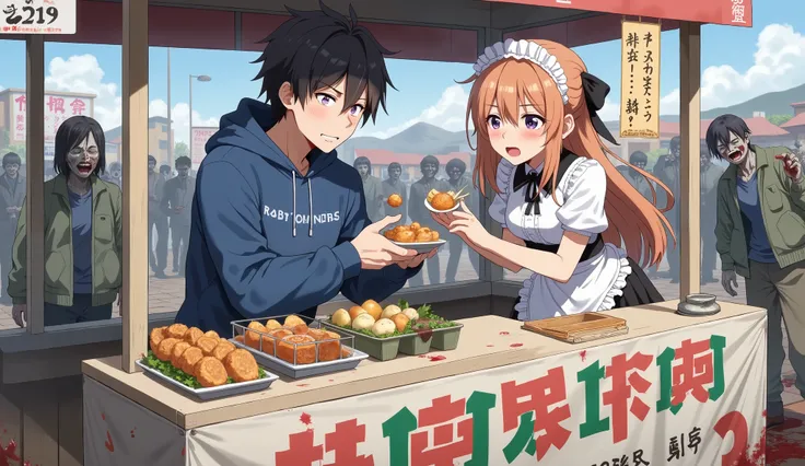 Anime-style scene set in a terrifying zombie apocalypse — a cute anime maid girl fearlessly feeding a piece of food to a shocked young man in a blue hoodie — they are standing behind a makeshift food stand filled with colorful Japanese street food (takoyak...