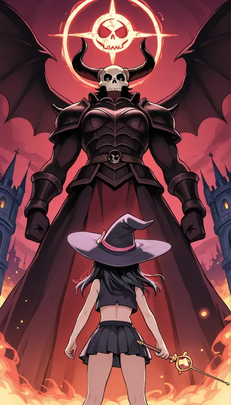 (A little witch girl stands up to the giant demon king), she has black hair and witch hat, cropped vest and pleated miniskirt, (She is holding up the big wand above her head), (view from behind), magic effect, Dark Castle, fantasy, (the demon king has burn...