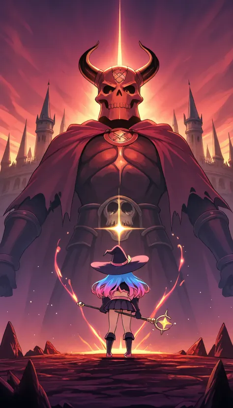 (A little witch girl stands up to the giant demon king), she has gradient hair color and witch hat, cropped vest and pleated miniskirt, (She holds up the big wand), magic effects, (view from behind), Dark Castle, fantasy, (the demon king has magma hones an...