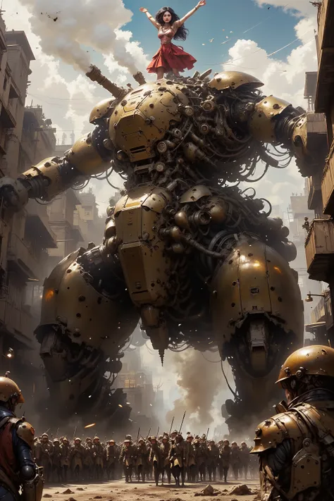 Amidst an imposing urban landscape of tall, historic-looking buildings, a colossal steam-powered automaton stands as the central focus. Its grand, brass-colored exterior glints under the bright daylight, with intricate engravings hinting at a bygone era's ...