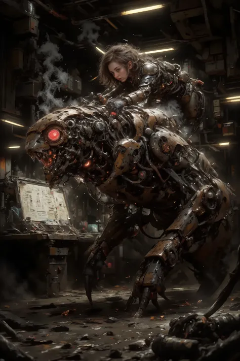 Female, mad scientist, tinkering with a brutal automaton of war in her workshop.