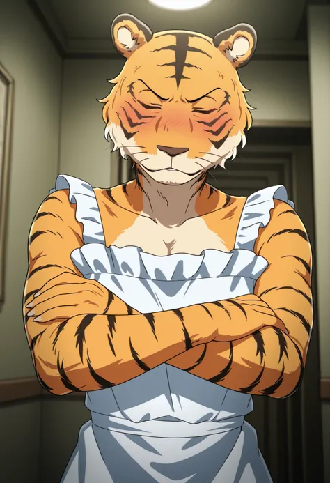 BEASTARS、building、Tiger、male focus、solo、Fur、naked、white ruffle dress with both hands、valley、eyes closed、Blush、get angry、close his mouth、standing with arms crossed、 room background