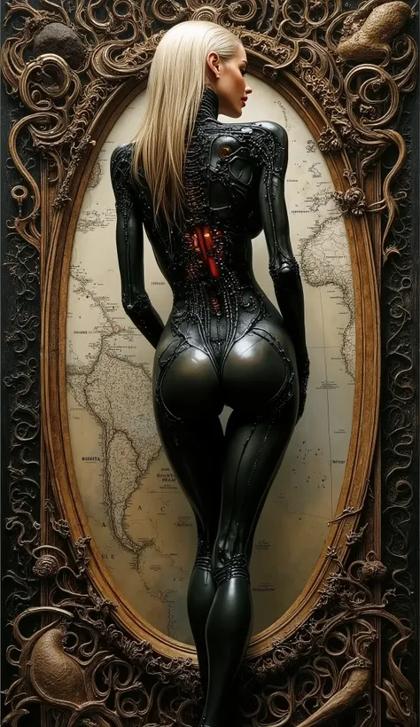 An ultra-detailed portrait of a stunning high-tech cyborg woman, shot from behind. Her back is partially transparent, and complex biomechanical systems are visible beneath it: artificial muscles similar to carbon fiber filaments, glowing neural circuits, h...