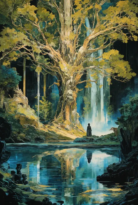 Summer tree design using art deco musha, plants, 1girl、Daytime, lake