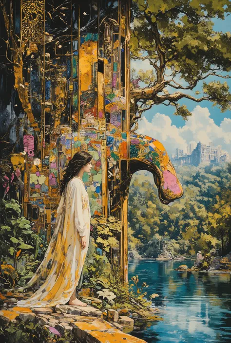 Summer tree design using art deco musha, plants, 1girl、Daytime, lake, aman0ayam1