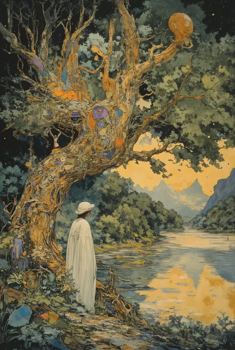 Summer tree design using art deco musha, plants, 1girl、Daytime, lake, aman0ayam1