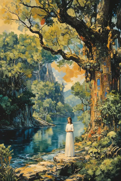 Summer tree design using art deco musha, plants, 1girl、Daytime, lake, aman0ayam1