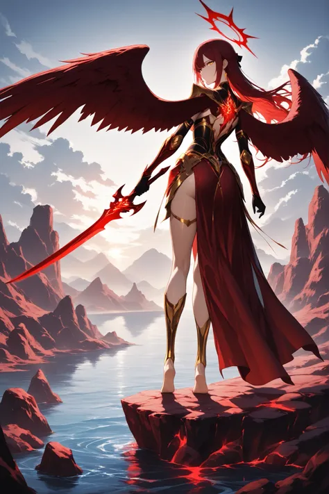 1 woman , golden eyes , very long hair , long sidelocks, red hair ,half updo, petite , very cute , beautiful ,Straight hair, cool, handsome, hair ween eyes, medium breast, cool, beautiful, fierce beautiful red angel wings, long flowing red hair, powerful...