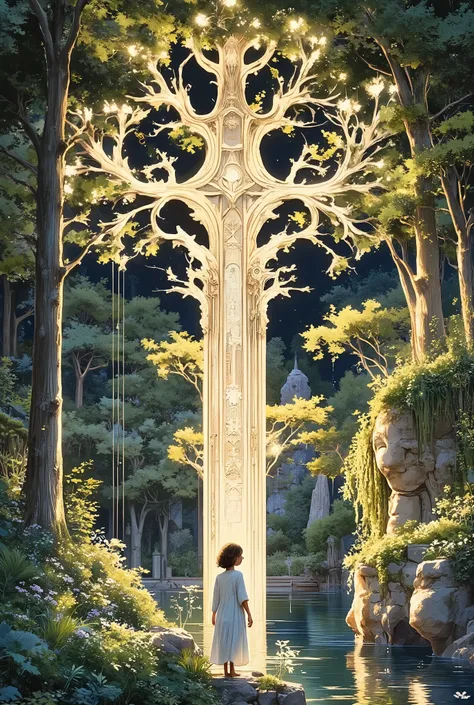 Summer tree design using art deco musha, plants, 1girl、Daytime, lake