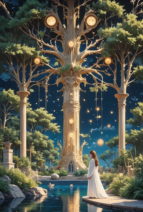 Summer tree design using art deco musha, plants, 1girl、Daytime, lake
