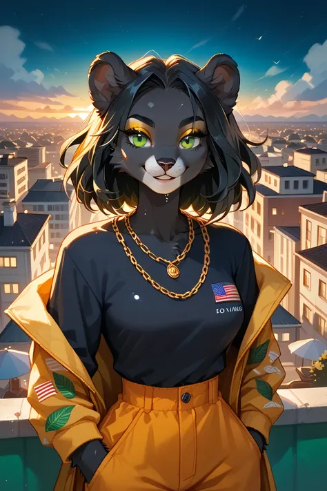 anthropomorphic fluffy female panther, expressive  green eyes, long black hair, One, (rooftop jacuzzi at night), ultra-high detail, Jamaican flag print ( green, yellow, black) with ultra-high detail, orange chains, outside: relaxes in buoy water with a cocktail, gentle smile dances, (30-year-old breast, broad shoulders, wide waist, class, check_9, class, check_8_up, class, check_7_up, class, check_6_up, class, check_5_up, class, check_4_up, 8 k, the neon glow of the city , wet gloss.

