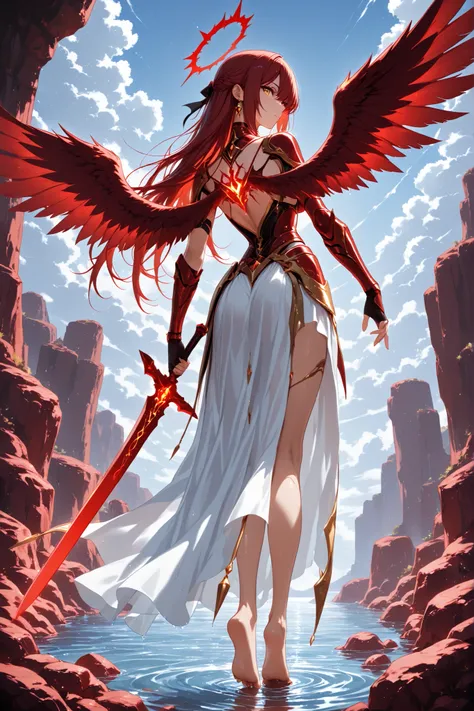 1 woman , golden eyes , very long hair , long sidelocks, red hair ,half updo, petite , very cute , beautiful ,Straight hair, cool, handsome, hair ween eyes, medium breast, cool, beautiful,  fierce beautiful red angel wings, long flowing red hair,  powerful...