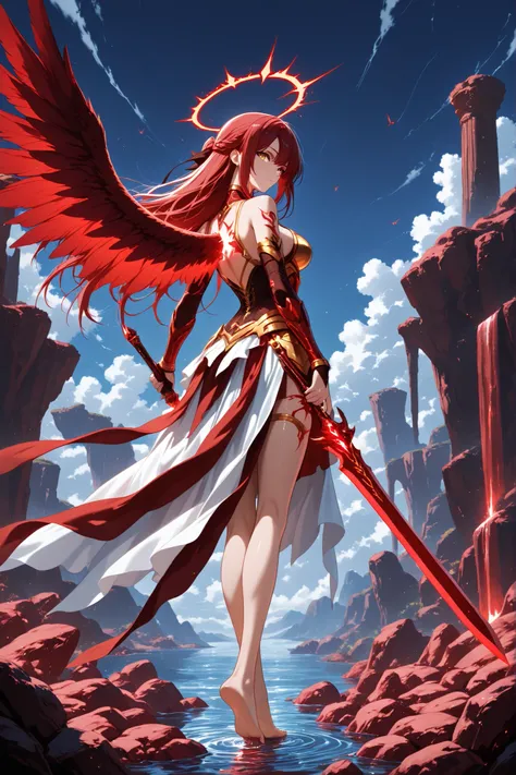 1 woman , golden eyes , very long hair , long sidelocks, red hair ,half updo, petite , very cute , beautiful ,Straight hair, cool, handsome, hair ween eyes, medium breast, cool, beautiful,  fierce beautiful red angel wings, long flowing red hair,  powerful...