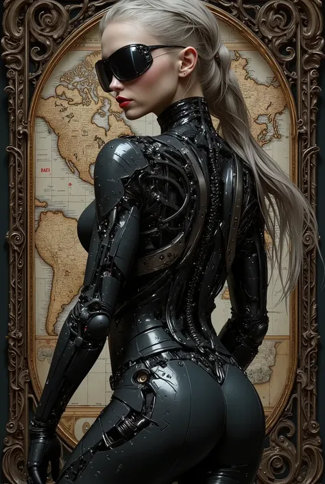An ultra-detailed portrait of a stunning high-tech cyborg woman, shot from behind. Her back is partially transparent, and complex biomechanical systems are visible beneath it: artificial muscles similar to carbon fiber filaments, glowing neural circuits, h...