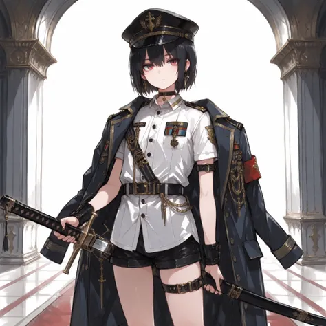 ((Best Quality)), ((masterpieces)), (detailed), Perfect Face, SOLO, ((femboy)), tomgirl, ANIME, beautiful detailed eyes, BOB hair, BOBed hair, black hair, RED EYES, BARE thighs, (((BARE LEG))), ((BLACK short pants)), (((dress shirt))), ((Flat chest)), Chok...