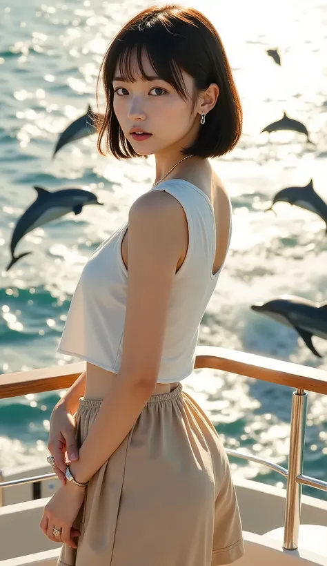 ((full body shot:1.5))、(Petite Young Japanese Woman)、Midsummer Sunshine、On the Sea、watching the ocean on a cruiser、innocent smile、(Dolphins are jumping out to the surface)、 angle seen from behind 、(( white sleeveless shirt))、(beige culotte miniskirt)、Baref...