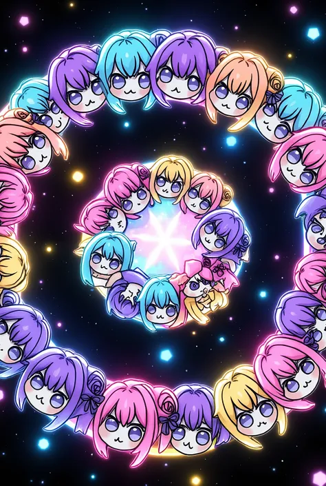chibi,Rotational Symmetry,multiplying characters、doro filling the screen,Retrofuture,colorful,neon,Extremely colorful,dreamy,geometric model、repetitive pattern、 magical、sparkle、発光するneon、blend、Natural、realistic,4K,8K,masterpiece,extreme detail,photo realist...